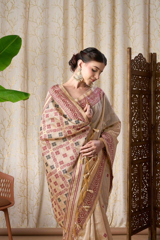 Beige Linen-Cotton Jamdani Saree with Woven Geometric Patterns