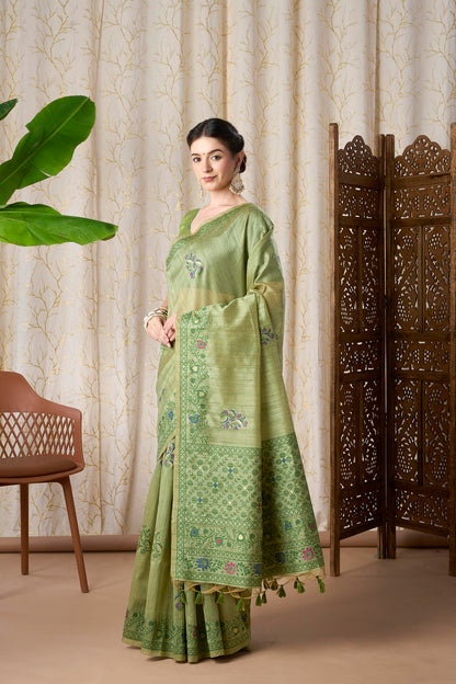 Mustard Yellow Linen-Cotton Jamdani Saree with Ethnic Motifs and Jamdani Weave,resham Border And Pallu