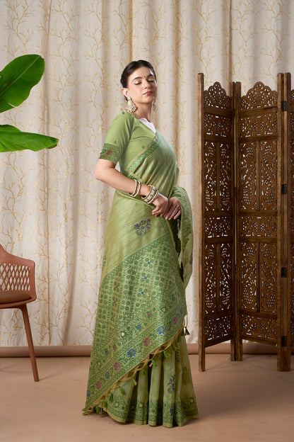 Pastel Green Linen-Cotton Jamdani Saree with Ethnic Motifs and Jamdani Weave,resham Border And Pallu