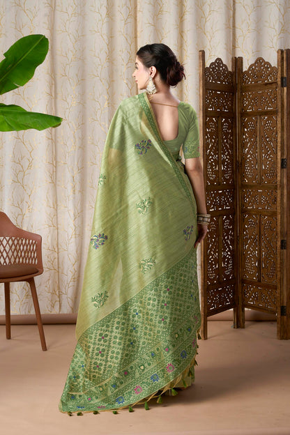Pastel Green Linen-Cotton Jamdani Saree with Ethnic Motifs and Jamdani Weave,resham Border And Pallu