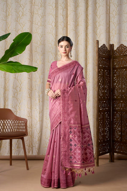 Sea Green Tassar Silk-Cotton Jamdani Saree with Woven Geometric Motifs