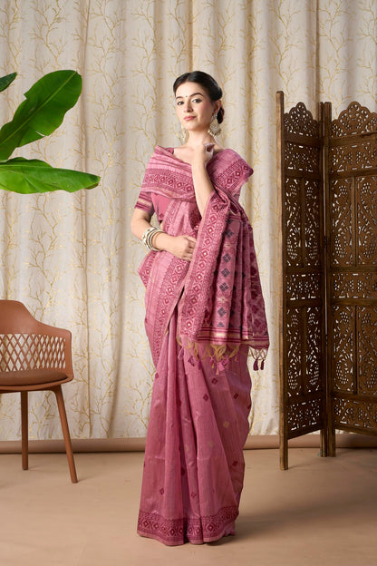 Dusty Rose Silk-Cotton Jamdani Saree with Woven Geometric Motifs