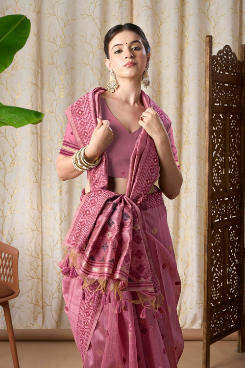 Dusty Rose Linen-Cotton Jamdani Saree with Woven Geometric Motifs