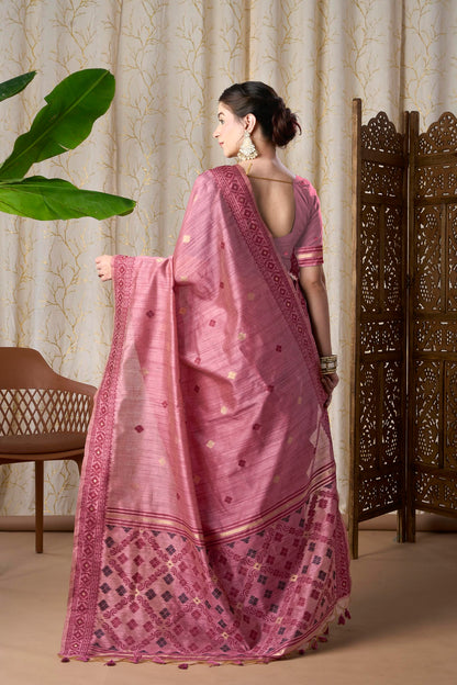 Dusty Rose Silk-Cotton Jamdani Saree with Woven Geometric Motifs
