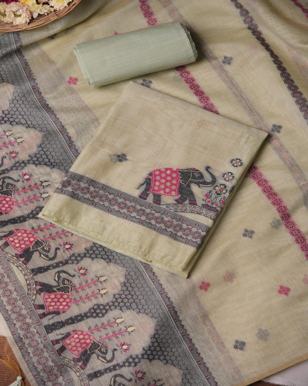 Pastel Sage and Charcoal Grey Muga Cotton Unstitched Suit Set