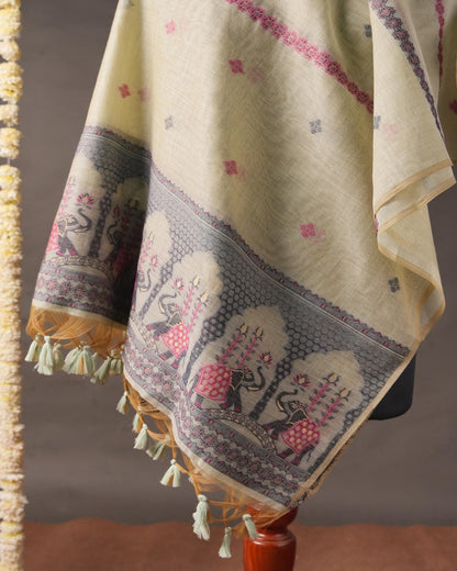 Pastel Sage and Charcoal Grey Muga Cotton Unstitched Suit Set