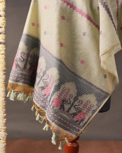 Light Sky Blue Muga Cotton Unstitched Suit Material with Elephant Motif Dupatta