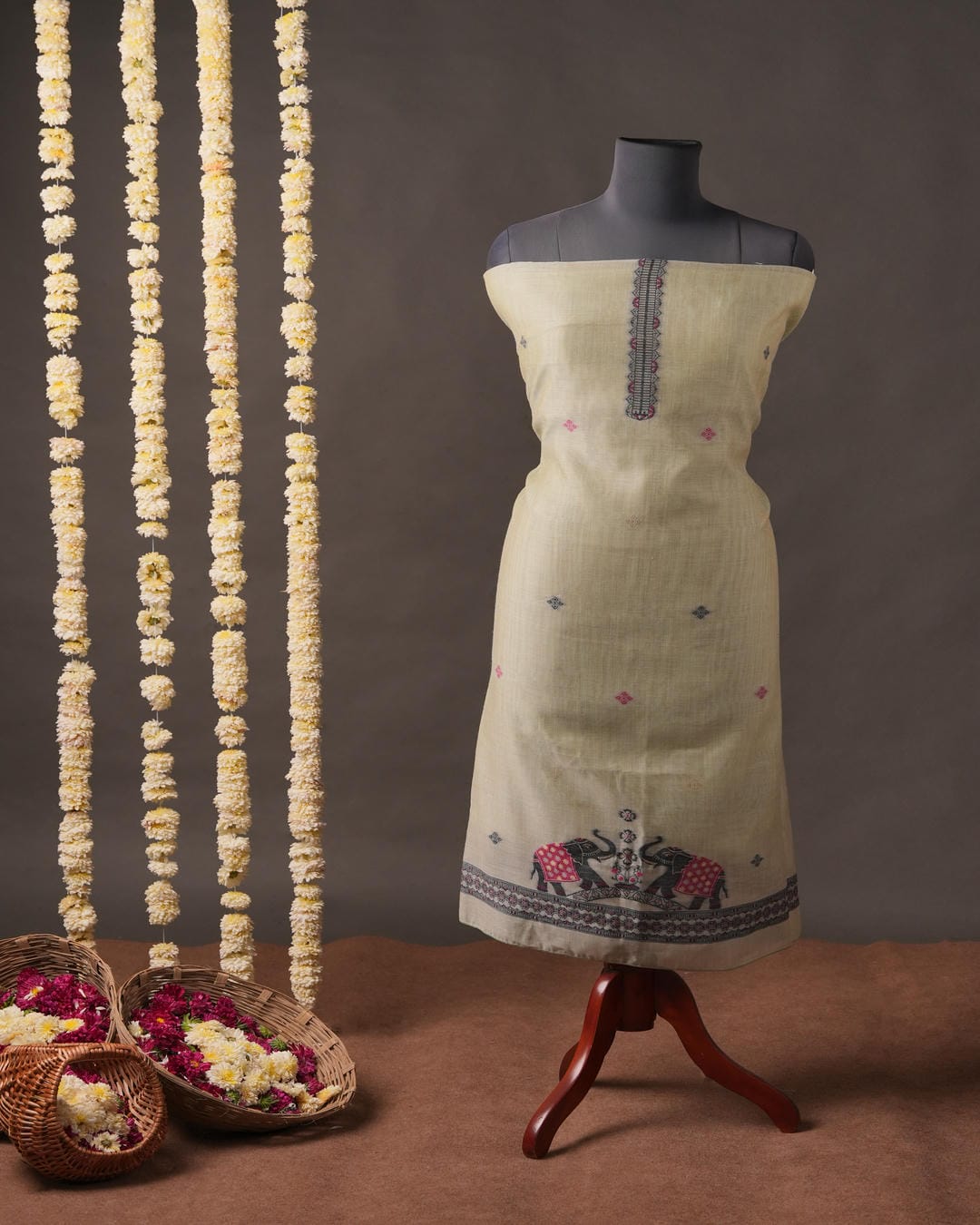 Pastel Sage and Charcoal Grey Muga Cotton Unstitched Suit Set