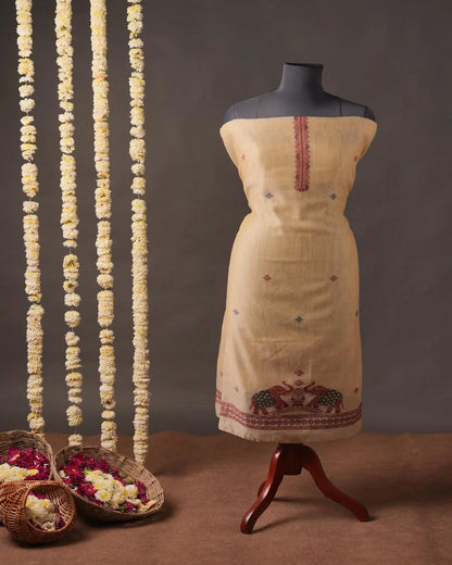 Light Peach Muga Cotton Unstitched Suit Material with Elephant Motif Dupatta