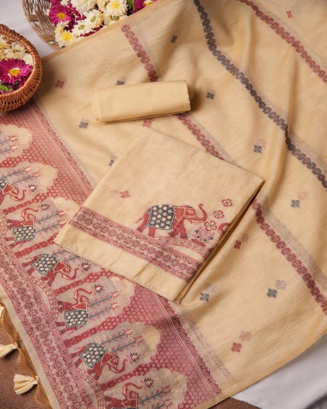 Light Peach Muga Cotton Unstitched Suit Material with Elephant Motif Dupatta