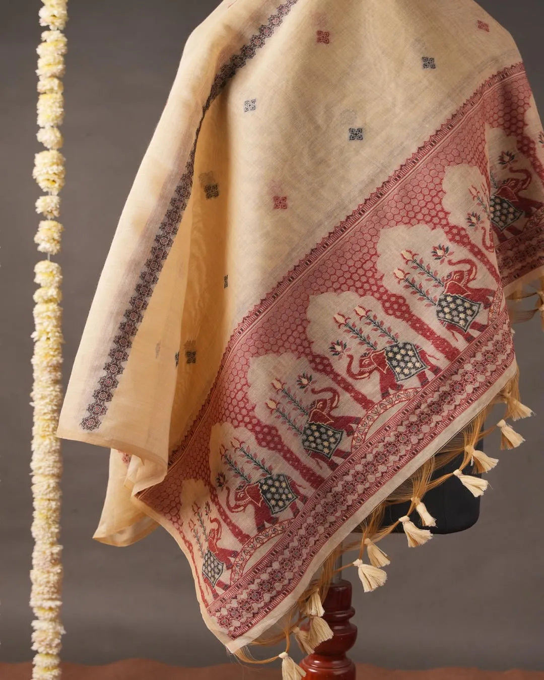 Light Peach Muga Cotton Unstitched Suit Material with Elephant Motif Dupatta