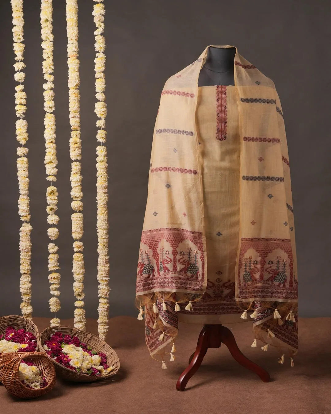 Light Peach Muga Cotton Unstitched Suit Material with Elephant Motif Dupatta