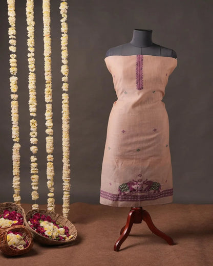 Rose Pink Muga Cotton Unstitched Suit Material with Elephant Motif Dupatta