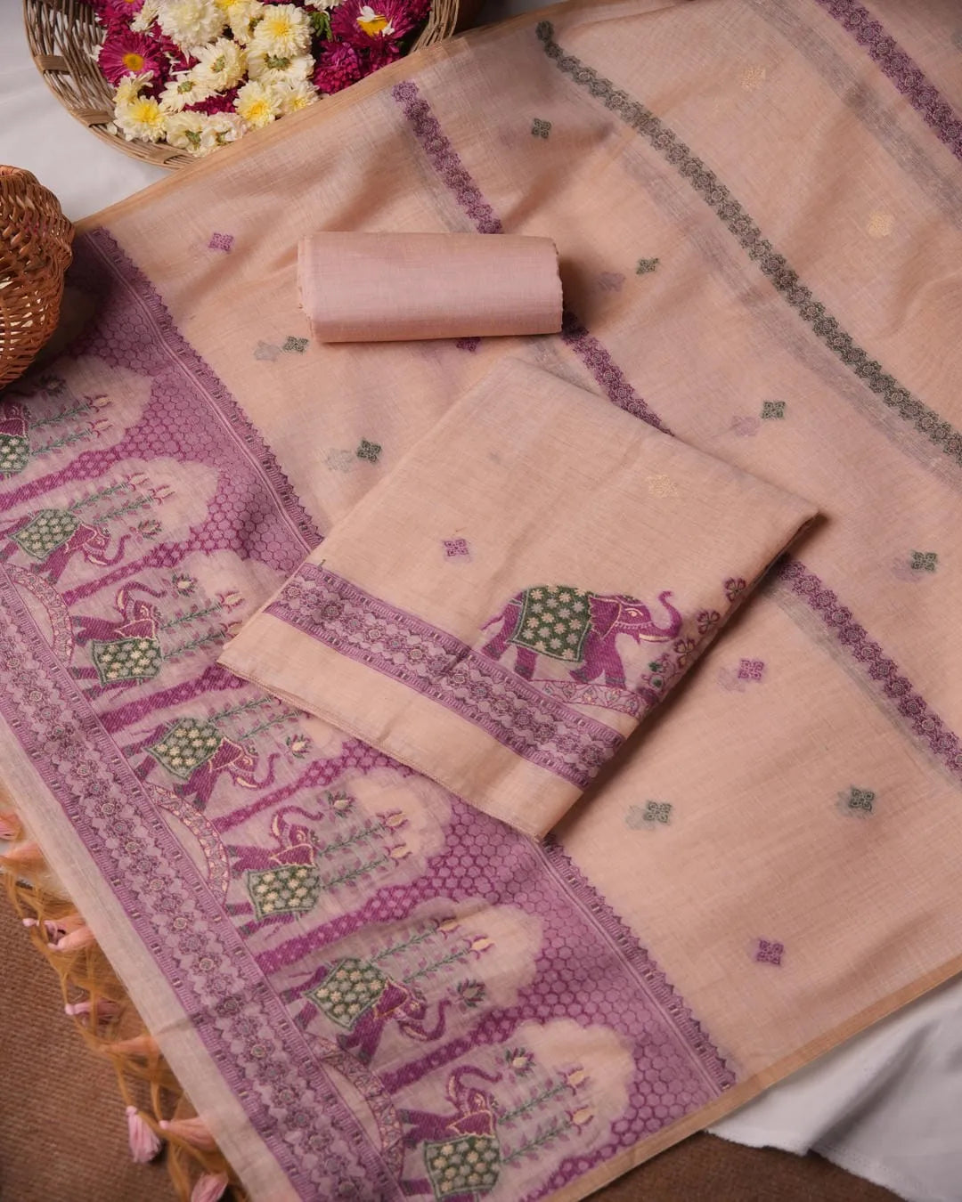 Rose Pink Muga Cotton Unstitched Suit Material with Elephant Motif Dupatta