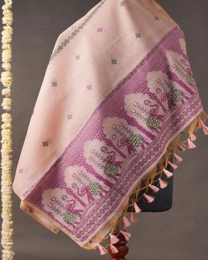 Rose Pink Muga Cotton Unstitched Suit Material with Elephant Motif Dupatta