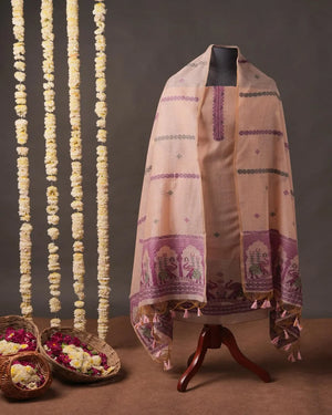 Rose Pink Muga Cotton Unstitched Suit Material with Elephant Motif Dupatta
