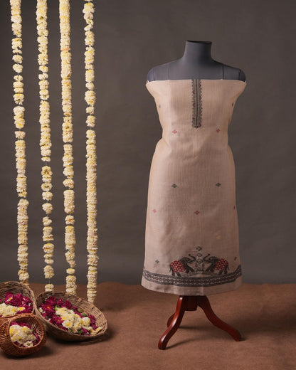 Sand Beige and Charcoal Grey Muga Cotton Unstitched Suit Set