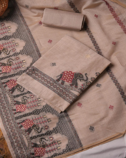 Sand Beige and Charcoal Grey Muga Cotton Unstitched Suit Set