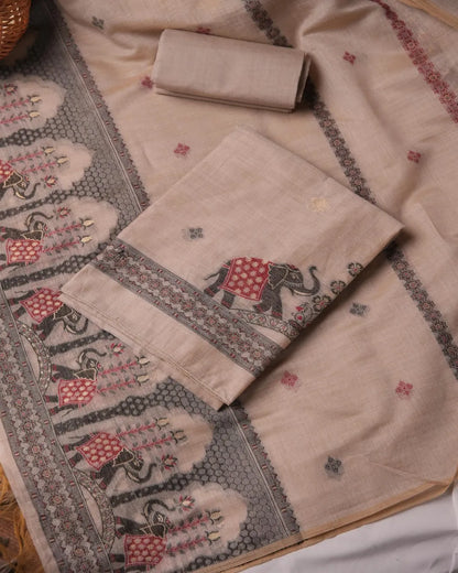Copper Muga Cotton Unstitched Suit Material with Elephant Motif Dupatta