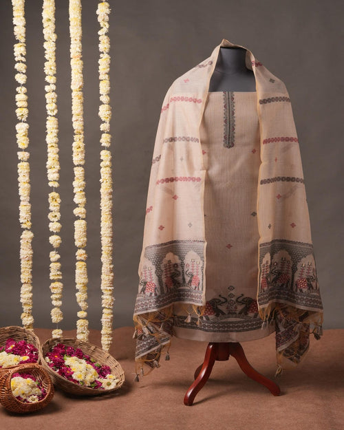Sand Beige and Charcoal Grey Muga Cotton Unstitched Suit Set