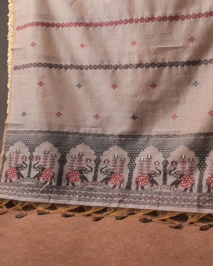 Sand Beige and Charcoal Grey Muga Cotton Unstitched Suit Set