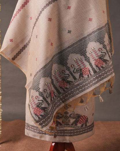 Sand Beige and Charcoal Grey Muga Cotton Unstitched Suit Set