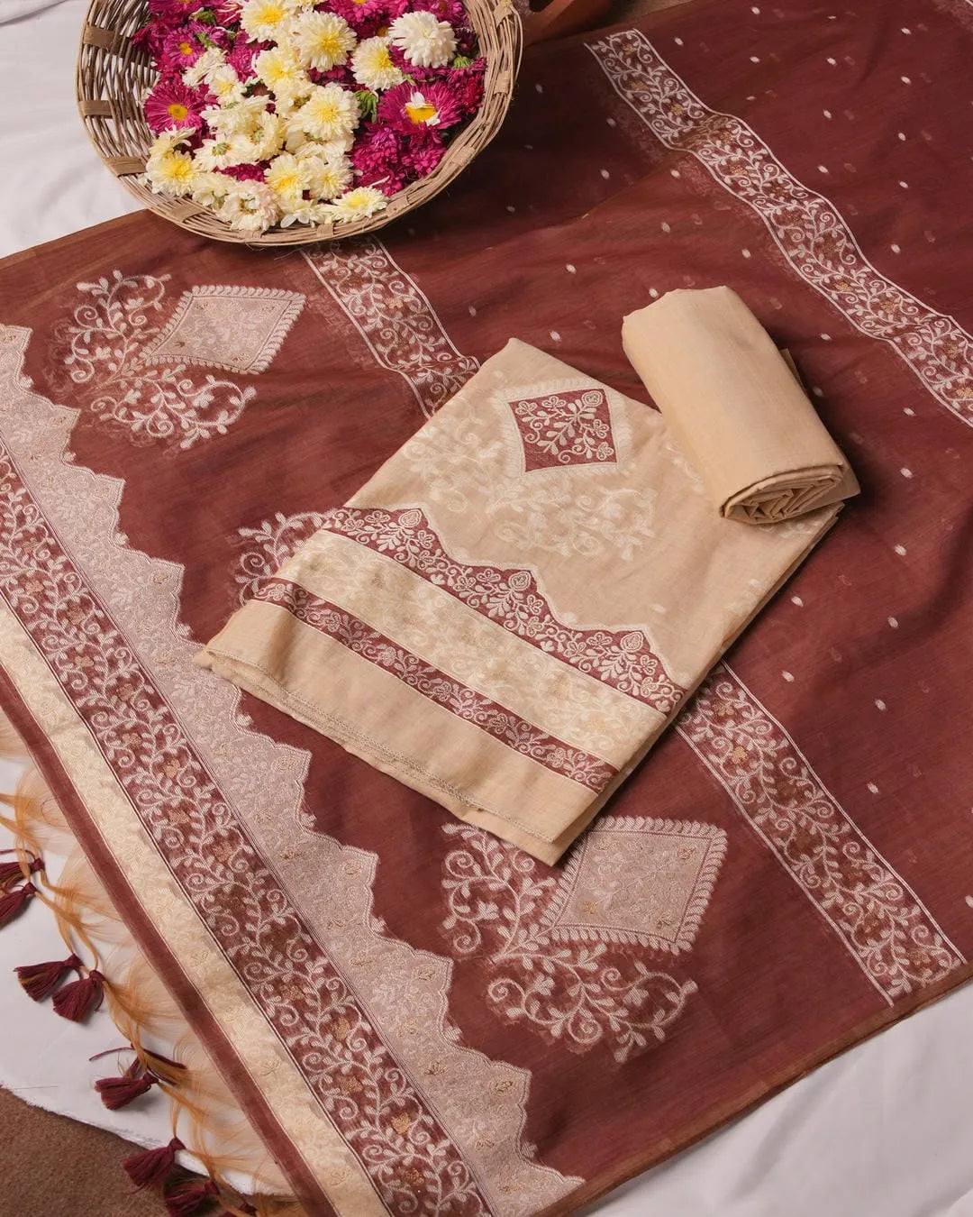 Chikoo Beige Muga Cotton Unstitched Suit Material with Traditional Prints