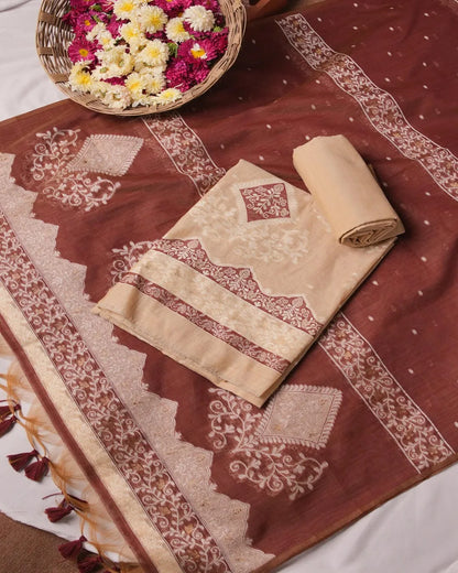 Chikoo Beige Muga Cotton Unstitched Suit Material with Traditional Prints