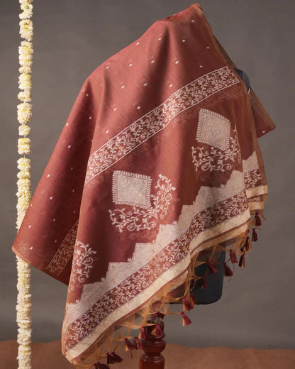 Chikoo Beige Muga Cotton Unstitched Suit Material with Traditional Prints