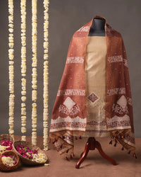 Chikoo Beige Muga Cotton Unstitched Suit Material with Traditional Prints