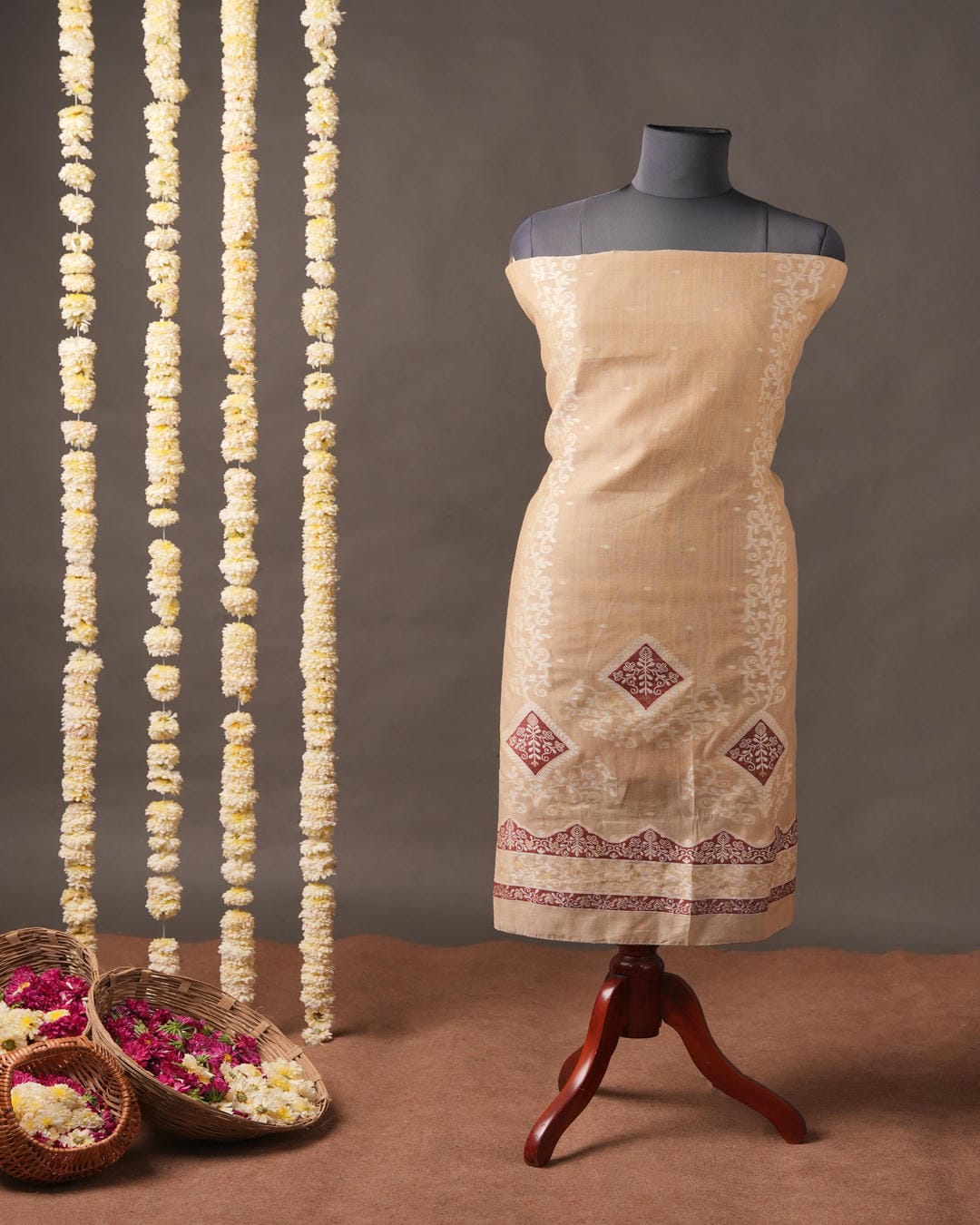 Beige & Terracotta Muga Cotton Jamdani Unstitched Suit Set