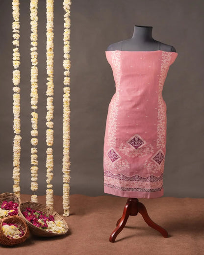 Dusty Pink Muga Cotton Unstitched Suit Material with Printed Dupatta