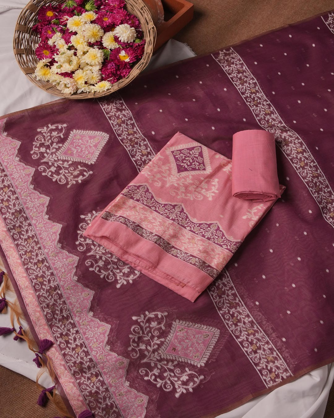 Bubblegum Pink & Grape Purple Muga Cotton Jamdani Unstitched Suit Set
