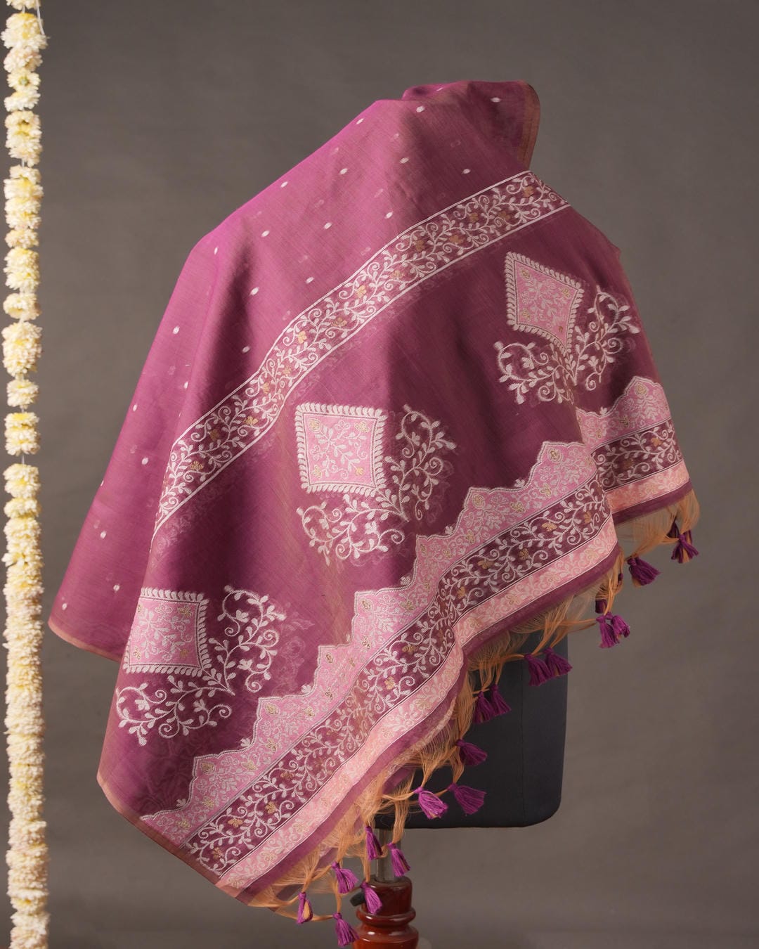 Bubblegum Pink & Grape Purple Muga Cotton Jamdani Unstitched Suit Set