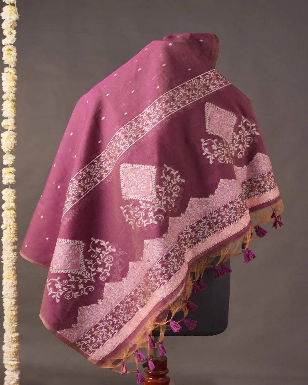 Dusty Pink Muga Cotton Unstitched Suit Material with Printed Dupatta