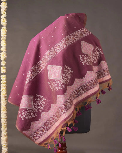 Dusty Pink Muga Cotton Unstitched Suit Material with Printed Dupatta