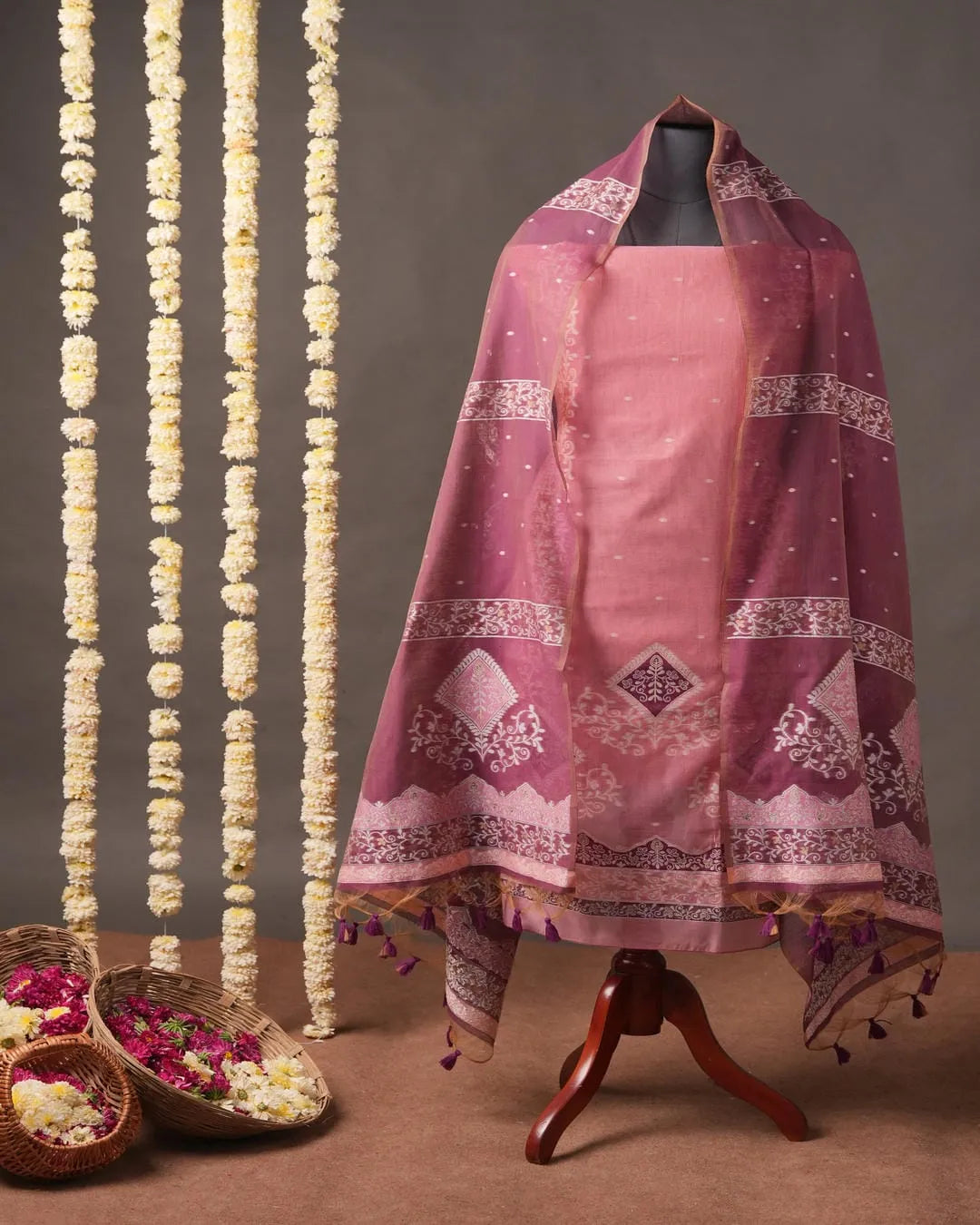 Chikoo Beige Muga Cotton Unstitched Suit Material with Traditional Prints