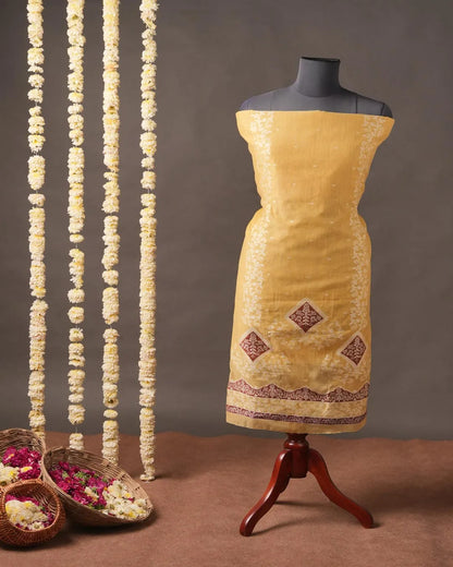 Mustard Yellow Muga Cotton Unstitched Suit Material with Ethnic Prints