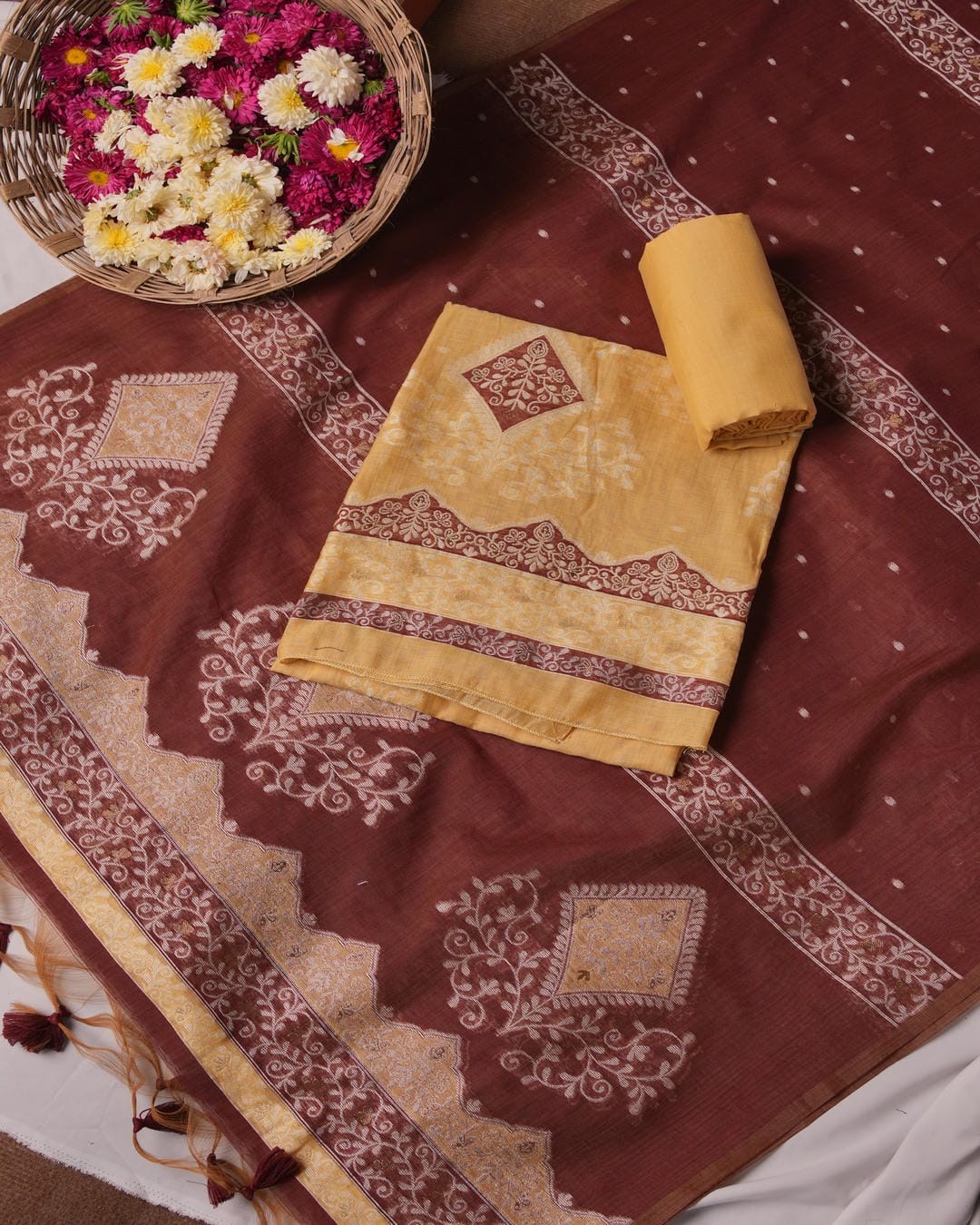 Honey Mustard & Rust Brown Muga Cotton Jamdani Unstitched Suit Set