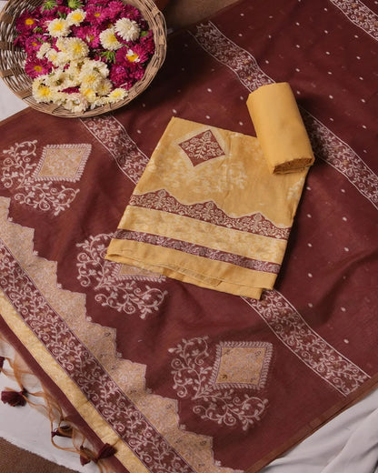 Mustard Yellow Muga Cotton Unstitched Suit Material with Ethnic Prints