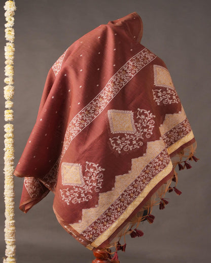 Honey Mustard & Rust Brown Muga Cotton Jamdani Unstitched Suit Set