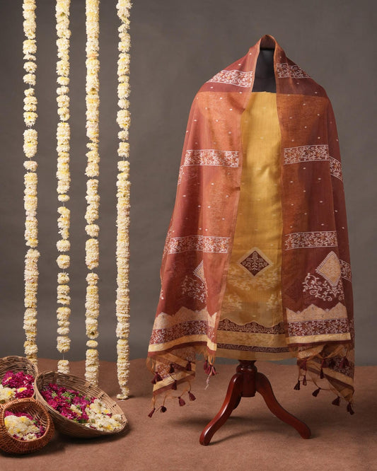 Honey Mustard & Rust Brown Muga Cotton Jamdani Unstitched Suit Set