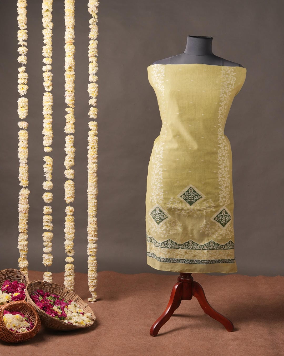 Olive Green & Sage Muga Cotton Jamdani Unstitched Suit Set