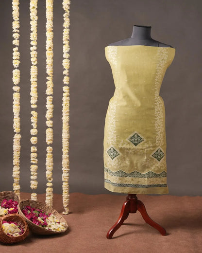 Pista Green Muga Cotton Unstitched Suit Material with Floral Motif Dupatta