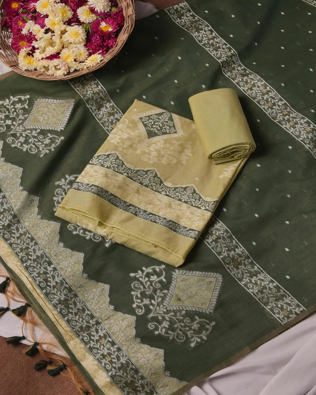 Pista Green Muga Cotton Unstitched Suit Material with Floral Motif Dupatta