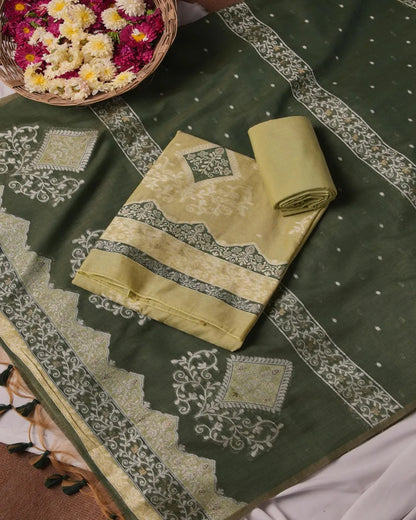 Pista Green Muga Cotton Unstitched Suit Material with Floral Motif Dupatta
