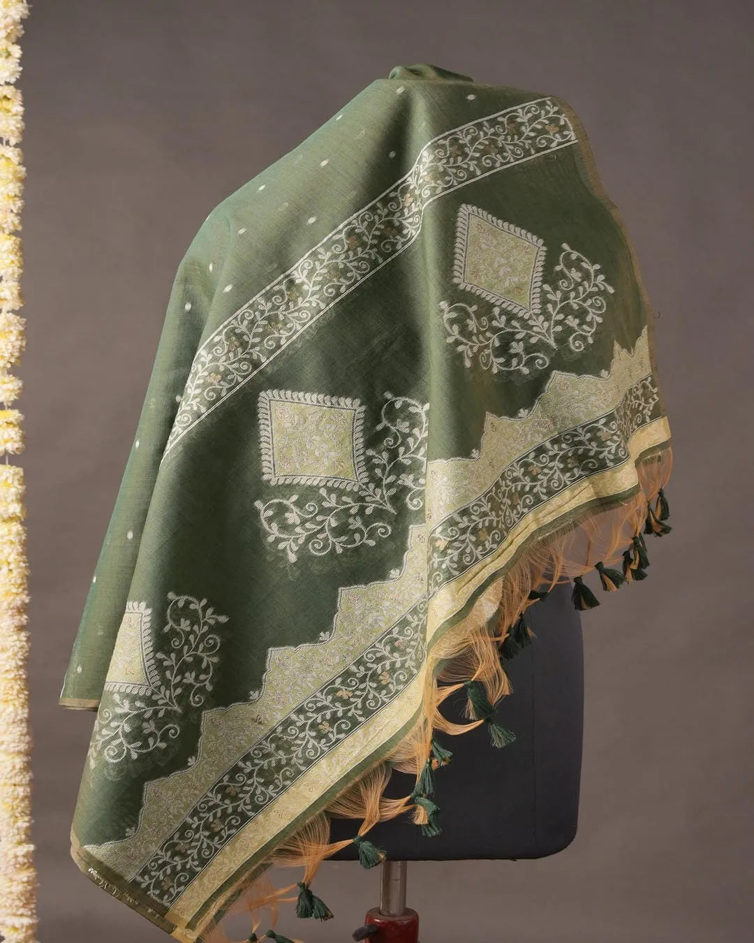 Pista Green Muga Cotton Unstitched Suit Material with Floral Motif Dupatta
