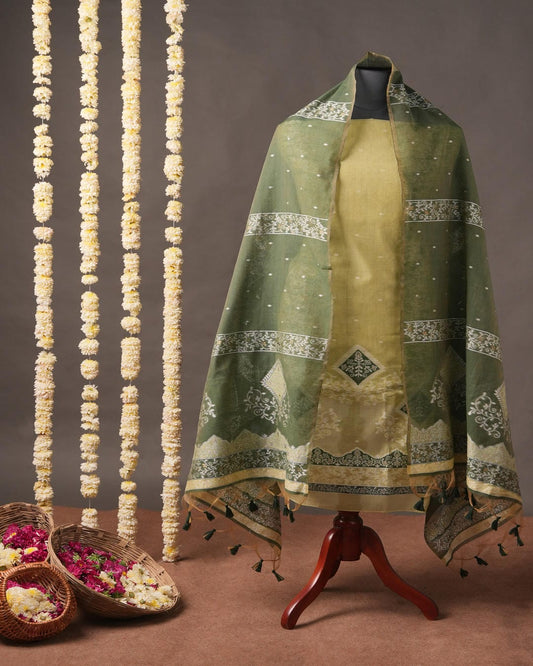 Lime Green & Forest Green Muga Cotton Jamdani Unstitched Suit Set