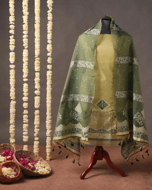 Pista Green Muga Cotton Unstitched Suit Material with Floral Motif Dupatta