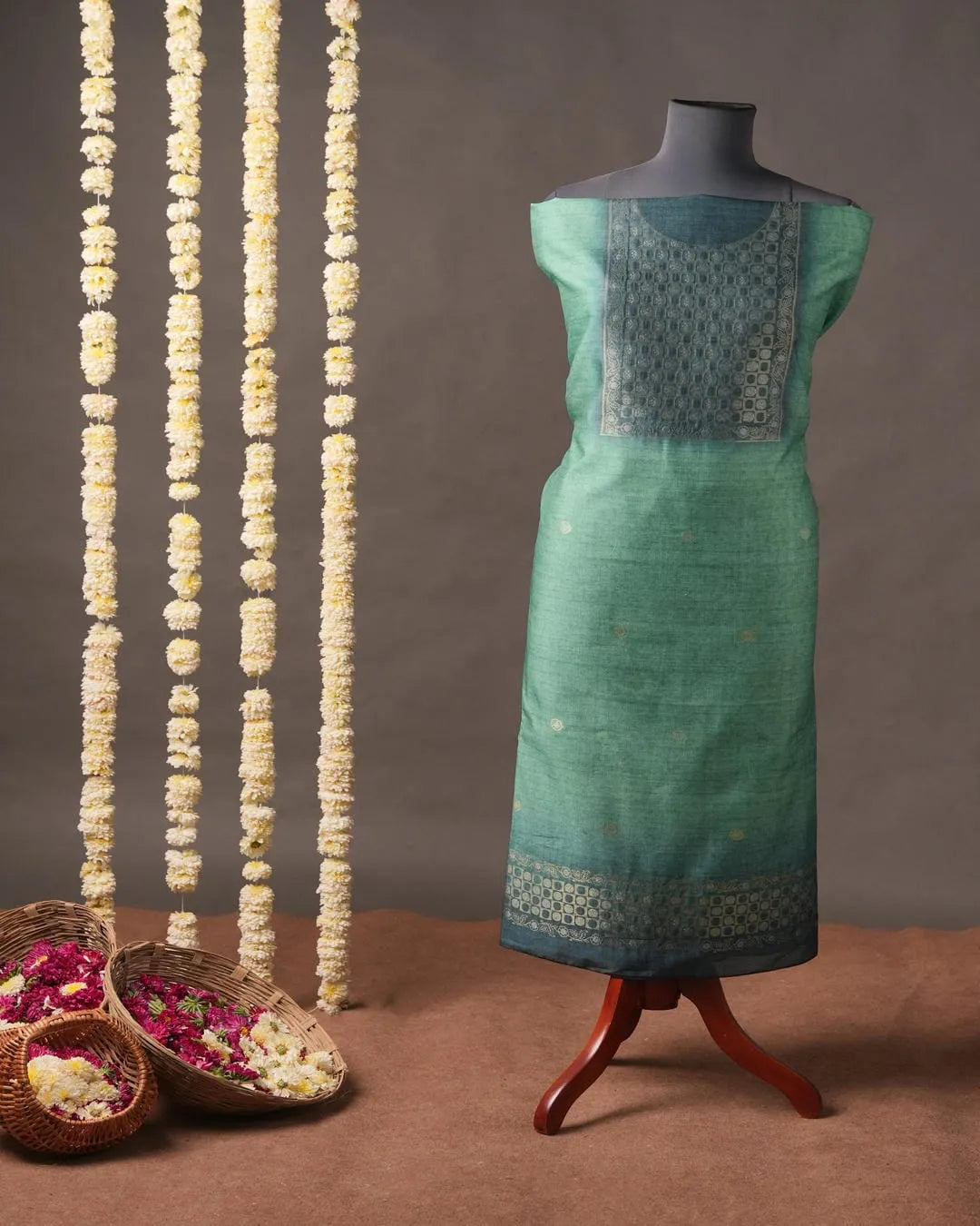 Sea Green Floral Semi Tussar Silk Unstitched Suit with Printed Dupatta